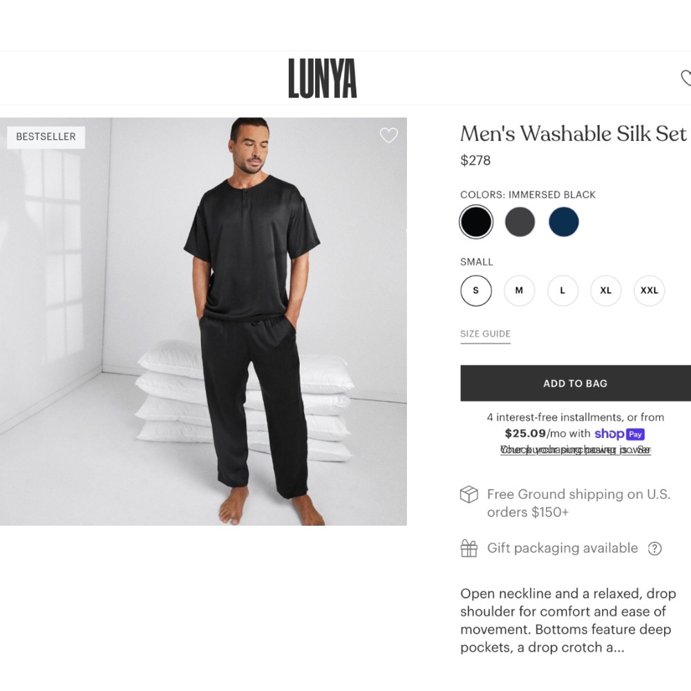 COPY - Lunya Men's Navy Washable Silk sleep scrubs Set L